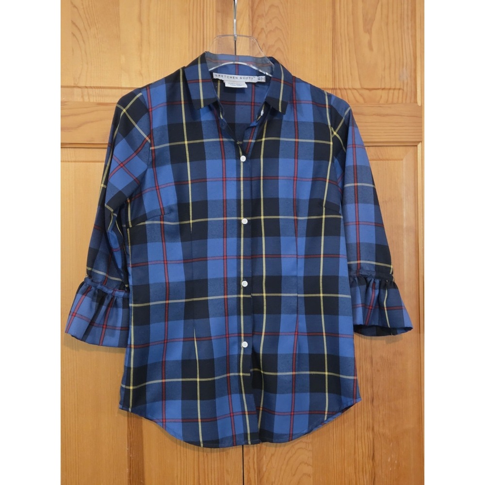 Gretchen Scott Priss Blouse  Cooper Blue‎ Plaid Size XS